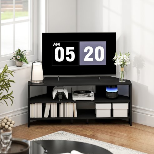 HOMCOM Corner TV Stand for 47 Inch Television, Modern TV Unit with 2 Open Shelves for Living Room, Bedroom, Black