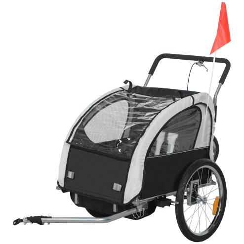HOMCOM 2 Seat Bike Trailer for Kids, Baby Bike Stroller with 5 Point Harness, Child Bicycle Trailer with Safety Flag, Reflectors, Windproof Curtain, for 18+ Months, Black