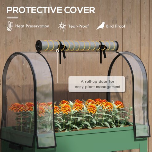 Outsunny Raised Garden Bed with Greenhouse Cover, Mobile Elevated Planter Box with Wheels and Bottom Shelf for Vegetables, Flowers, Herbs, 80 x 40 x 120cm, Green