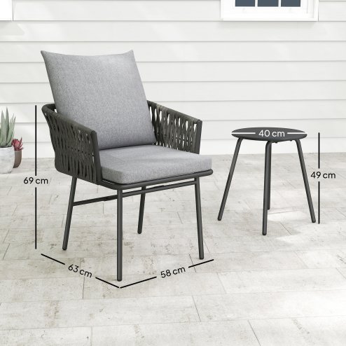 Outsunny 3-Piece Rattan Bistro Set, Garden Table and Chairs with 4 Cushions, Patio Rattan Conversation Furniture Set for Balcony, Porch, Terrace, Grey