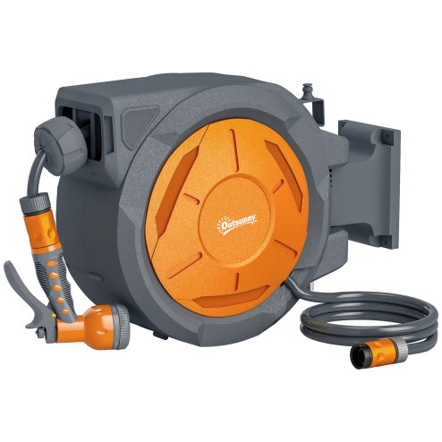 Outsunny Retractable Hose Reel Wall Mounted, 30+2m Garden Hose Pipe Reel with Lock, Auto Rewind, 7 in 1 Spray Nozzle, Includes Wall Fixings, 180?? Swivel, Outdoor Watering, Orange