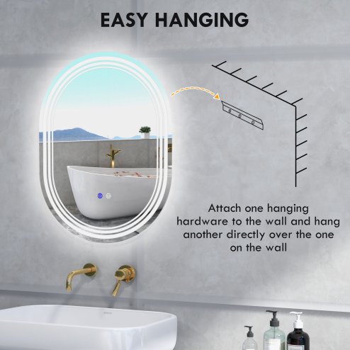 kleankin Bathroom Mirror with LED Lights, 70 x 50cm Dimmable Makeup Mirror with 3 Colour Light, Anti-fog, Memory Function, Touch Switch, Vertical or Horizontal Mounted