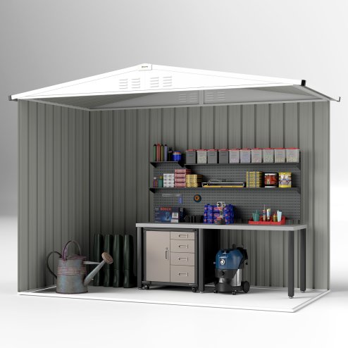 Outsunny 8 x 4 ft Metal Garden Shed, Garden Storage Shed with Window, 4 Vents and Lockable Door, Waterproof Galvanised Steel Tool Storage Shed, Light Grey