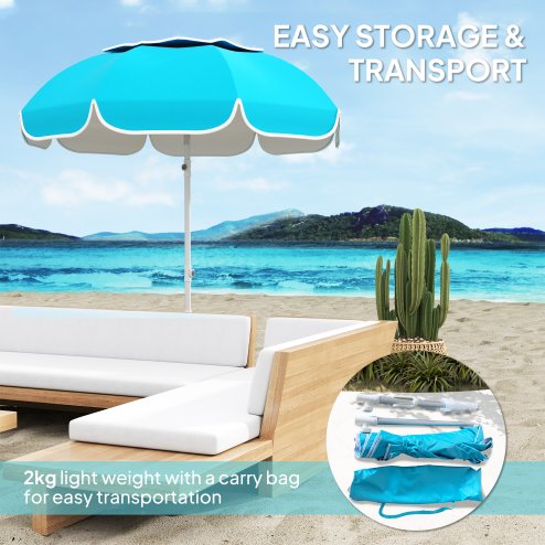 Outsunny 2m Beach Umbrella Portable with Sand Anchor, Adjustable Height & Tilt Beach Parasol with Carry Bag, UPF50+ UV Protection Sunshade Shelter, Blue