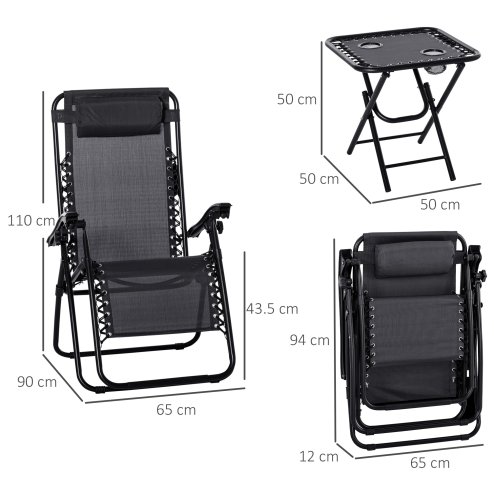 Outsunny Folding Zero Gravity Chairs, 3 Pieces Adjustable Sun Lounger and Table Set with Cup Holder and Headrest, Patio Bistro Set with Reclining Garden Chairs for Outdoor, Black
