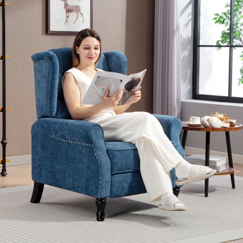 HOMCOM Recliner Armchair, Vintage Reclining Chair with Nail Head Trim, Wingback Chair with Button Tufted Back and Footrest, for Living Room, Royal Blue