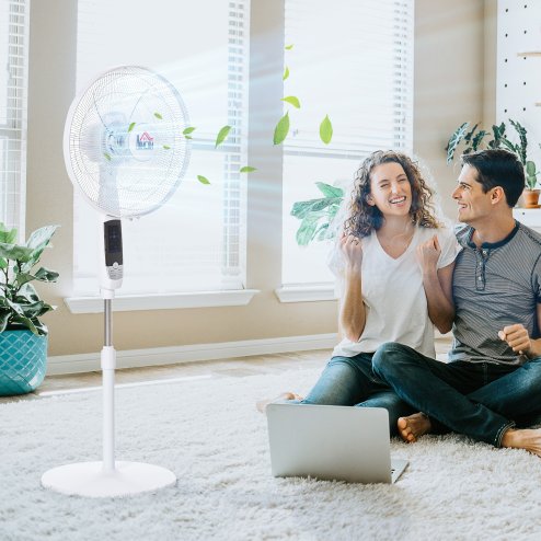 HOMCOM 16'' Pedestal Stand Fan, 3 Speed 3 Mode, 85 Degree Oscillation, LED Panel, 3M Remote Controller, Height Adjustable for Living Room, Bedroom, Garage, Office, Black and White