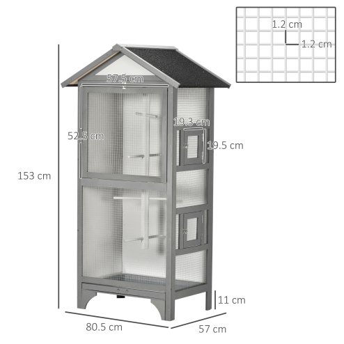 PawHut Wooden Bird Cage Budgie Cage Outdoor for Finch, Canary w/ Slide Tray, Asphalt Roof - Grey
