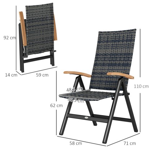 Outsunny Outdoor Folding Dining Chair, PE Rattan Chair with Armrests, High Backrest, for Garden, Camping, Balcony, Porch, Mixed-grey