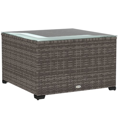 Outsunny Outdoor Coffee Table, PE Rattan Side Table with Tempered Glass Top, Wicker Square Garden Coffee Table End Table with Steel Frame for Patio, Balcony, 60 x 62 x 38cm, Dark Grey