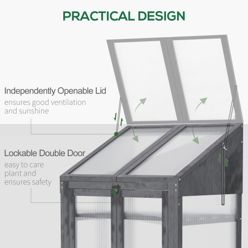 Outsunny Wooden Cold Frame Polycarbonate Greenhouse with Openable Top Cover and Double Door, Grow House for Flower, Vegetable and Plants, 70 x 50 x 120cm, Grey