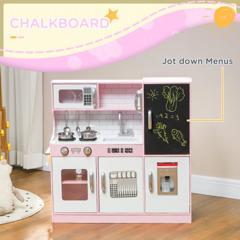 AIYAPLAY Play Kitchen, Kids Kitchen Playset Toy with Chalkboard, Toy Phone, Microwave, Ice Maker, Cooking Stoves, Sink, for Boys Girls Ages 3-8 Years, Pink