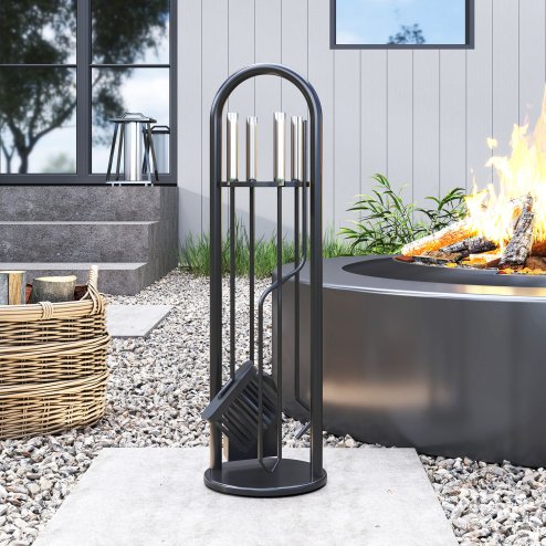 Outsunny 5 Pieces Fireplace Tools Set, Metal Fireplace Accessories Fireside Companion Set with Broom, Shovel, Poker and Bucket, Silver