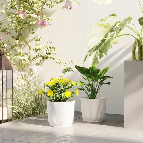 Outsunny Set of 2 Plastic Round Plant Pots Outdoor 22cm, Garden Planters, Flower Pots for Garden Decoration, Patios, Indoor, Outdoor, Home, White