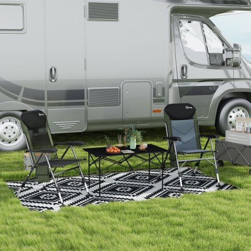 Outsunny Reversible Outdoor Rug with LED String Lights, Waterproof Plastic Straw Mat with Carry Bag for Garden, Deck, RV, Picnic, Beach, Camping, 182 x 274cm, Black and White