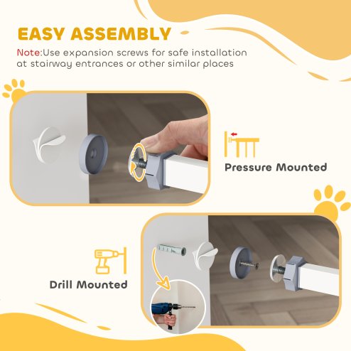 PawHut Pressure Fit Safety Gate for Doorways and Staircases, Dog Gate with Auto Closing Door, Pet Barrier for Hallways with Double Locking, Openings 74-100cm - White