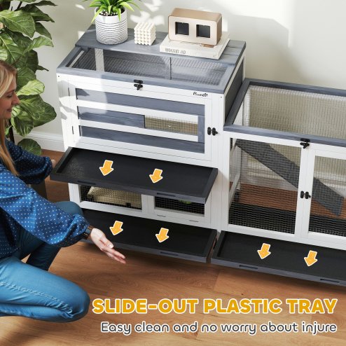 PawHut Rabbit Hutch with Run, 2-Tier Wooden Guinea Pig Hutch with Wheels, 2 Openable Tops, 3 Plastic Trays, Small Animal House Indoor for 2-3 Bunnies, Guinea Pigs, 147 x 45 x 89.5cm, Grey