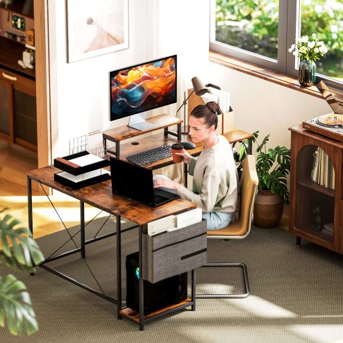 HOMCOM 168cm Reversible L Shaped Desk, Industrial Corner Computer Desk with Adjustable Shelf and Storage Bag, 240cm 2 Person Desk with Monitor Stand, Rustic Brown