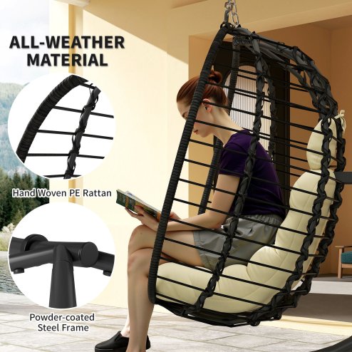 Outsunny Rattan Hanging Egg Chair, Foldable Wicker Hammock Swing Chair with Cushion, Stand, Adjustable Height, Head Pillow, Steel Frame for Garden Patio Indoor Outdoor, Cream White