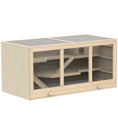 PawHut Wooden Hamster Cage, Small Animals Hutch with Tray, Openable Top, Exercise Play House Pen, 115L x 57W x 55Hcm, Natural