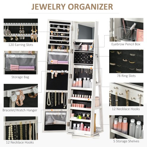 HOMCOM 360° Swivel Jewellery Cabinet with Full Length Mirror, Lockable Jewellery Organiser with Built-in Makeup Mirror and Storage Shelves for Bedroom, White