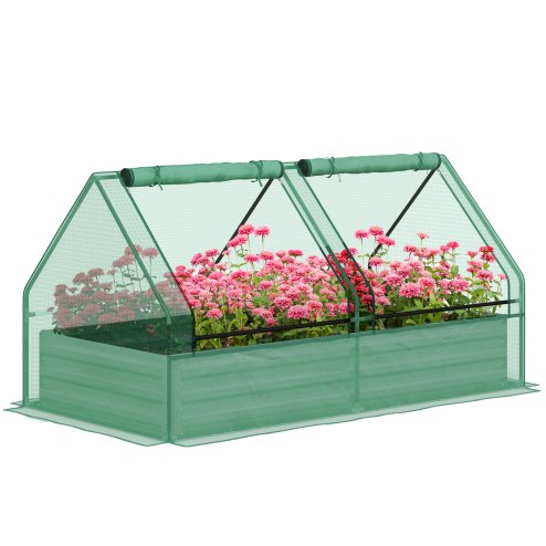 Outsunny Raised Garden Bed with Mini Greenhouse, Outdoor Metal Planter Box with Cover, for Herbs and Vegetables, Use for Patio, Garden, Balcony, Green and Dark Grey
