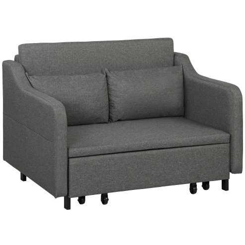 HOMCOM Pull Out Double Sofa Bed, Fabric 2 Seater Sofa Couch with Pillows and Side Pockets, Convertible Sleeper for Living Room, Grey