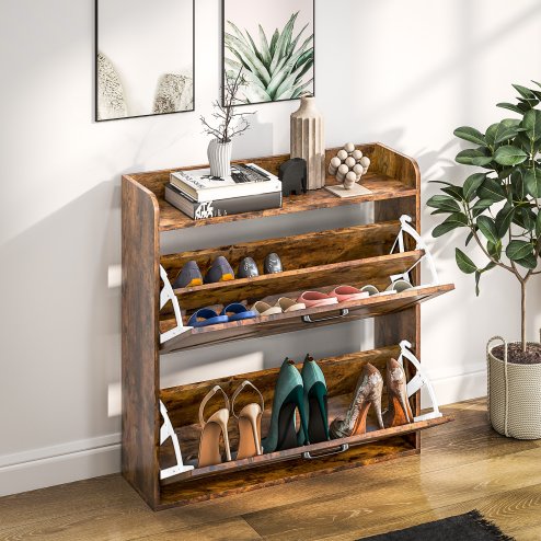 HOMCOM 2 Drawer Narrow Shoe Cabinet, Farmhouse Slim Shoe Storage Cabinet Cupboard with Adjustable Shelves and Barn Door Design for Entryway, Hallway, Rustic Brown