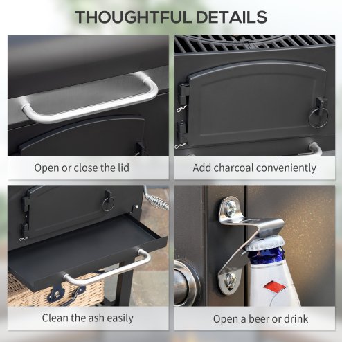 Outsunny Charcoal Grill BBQ Trolley with Adjustable Charcoal Height, Charcoal Stove for Pot, Garden Smoker Barbecue with Folding Shelves, Thermometer on Lid, Bottle Opener and Wheels