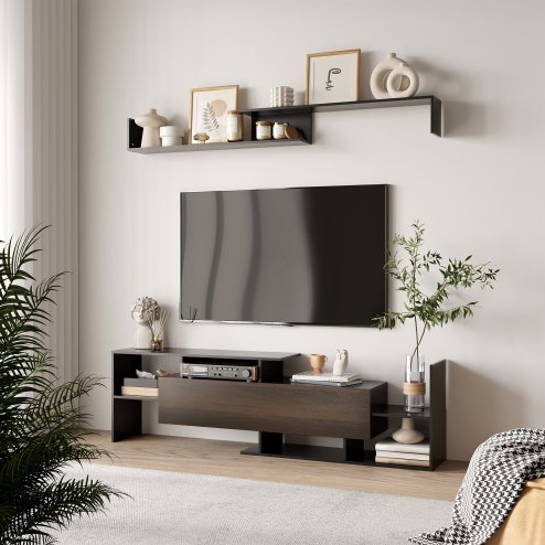HOMCOM Modern TV Cabinet with Wall Shelf, TV Unit with Storage Shelf and Cabinet, for Wall-Mounted 65