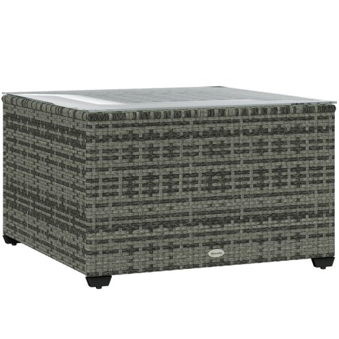 Outsunny Outdoor Coffee Table, PE Rattan Side Table with Tempered Glass Top, Wicker Square Garden Coffee Table End Table with Steel Frame for Patio, Balcony, 60 x 62 x 38cm, Light Grey