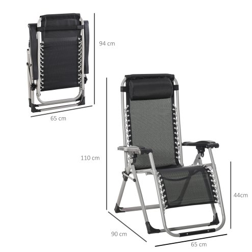Outsunny 2 Piece Reclining Zero Gravity Chair Metal Frame Folding Garden Sun Lounger with Cushion Headrest, Dark Grey