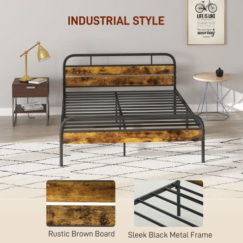 HOMCOM 5ft King Size Bed Frame with Headboard, Platform Bed Frame with Underbed Storage, Slat Support, No Box Spring Needed, Easy Assembly, Rustic Brown