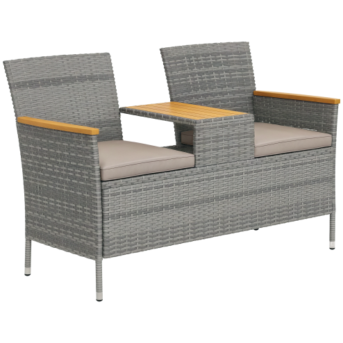 Outsunny 2 Seat Rattan Garden Bench, Patio Wicker Chair with Acacia Wood Top Middle Table, Outdoor PE Rattan Love Seat with Padded Cushions, Decorative Handrails, Grey