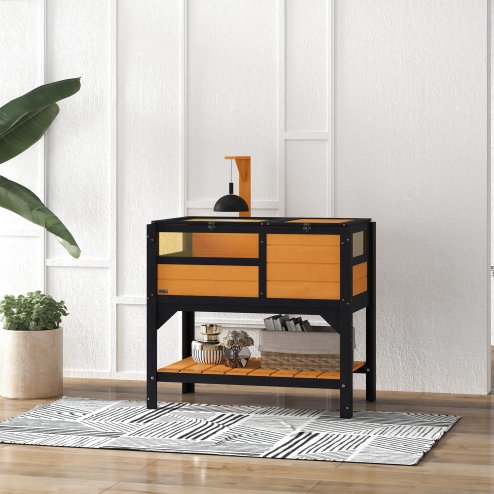 PawHut Tortoise House w/ Shelf, Small Pet Reptile Wooden House w/ Hide Shelter Den and Run, Lamp Holder, Tray, for Indoors, Outdoors - Yellow