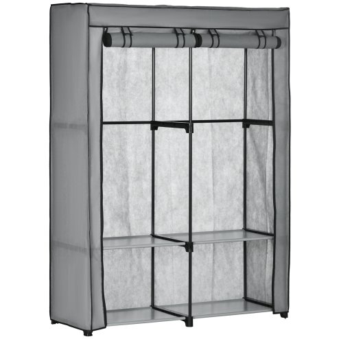 HOMCOM Fabric Wardrobe, Portable Fabric Cabinet, Foldable Coat Rack with 4 Shelves, 2 Hanging Rails, 118 x 49 x 170 cm, Light Grey