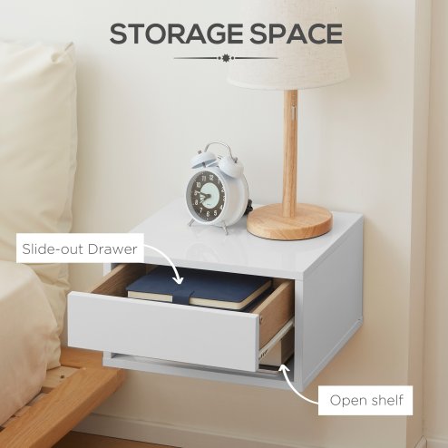 HOMCOM Floating Bedside Table Set of 2 Wall Mounted Nightstand with Storage Drawer and Open Shelf for Bedroom, High Gloss White