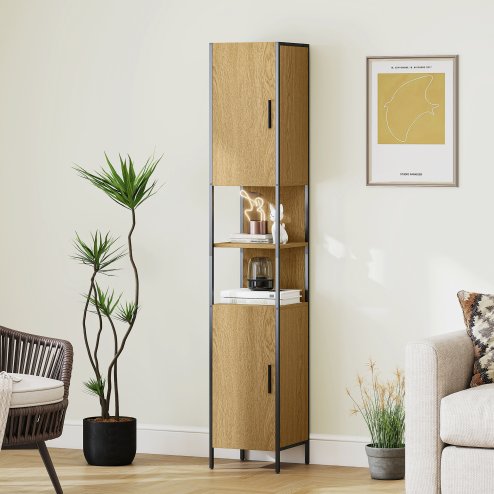 HOMCOM Tall Bathroom Cabinet, Slim Bathroom Storage Cabinet with 2 Doors, Open Compartments and Adjustable Shelves, Freestanding Storage Cupboard, 33 x 33 x 185 cm, Natural Wood Finish
