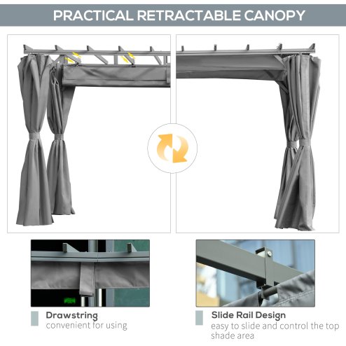 Outsunny 3.6 x 3(m) Outdoor Pergola with Retractable Roof and Curtains, Garden Gazebo Canopy Sun Shade Shelter with Aluminum Frame, Dark Grey