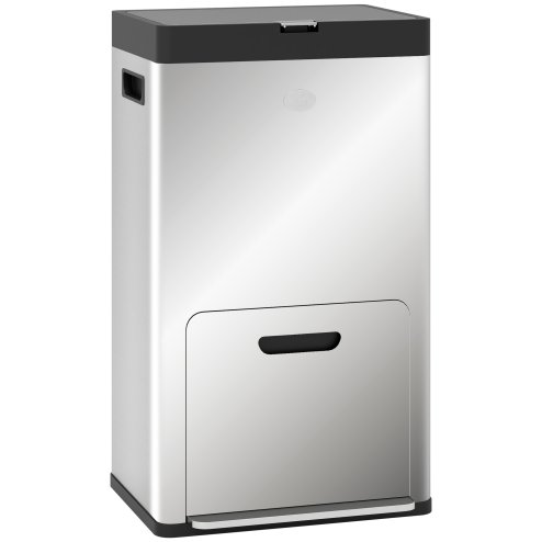 HOMCOM Kitchen Bin, 2 x 18L and 20L Volumes, Stainless Steel 3 Compartment Bin with Wheels, Soft Close Lid, Removable Inner Buckets, Fingerprint-Proof for Recycling and Waste, Silver Tone
