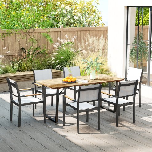 Outsunny Garden Table with Parasol Hole, 175 x 80 cm Rectangle Outdoor Dining Table for 6 with 5 cm Parasol Hole and Wood Slatted Top for Balcony, Terrace, Brown