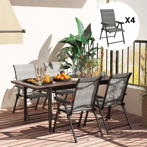 Outsunny Set of 4 Folding Chair, Garden Chair Set with Breathable Mesh Back and Seat, Outdoor Camping Chairs with Armrests, Steel Frame for Deck Balcony, Black and Grey