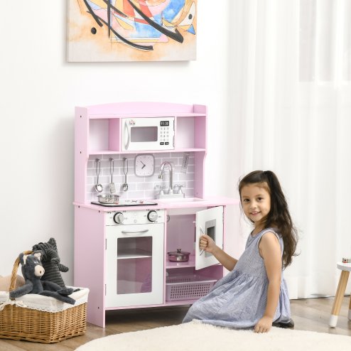 HOMCOM Children Wooden Play Kitchen w/ Lights Sounds, Kids Kitchen Playset w/ Water dispenser, Microwave, Utensils, Sink, Storage, for Ages 3-6 Years - Pink
