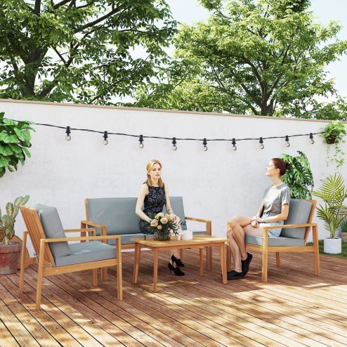 Outsunny 4 Pieces Garden Furniture Set with Cushions, Wooden Garden Sofa Set with 1 Loveseat, 2 Armchairs and 1 Coffee Table, Outdoor Table and Chairs for Conservatory, Balcony, Patio, Teak