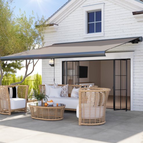 Outsunny 3.5 x 3 m Electric Awning with Remote Controller, Aluminium Frame DIY Retractable Awning, UV50+ Sun Shade Canopy for Garden Patio Deck Door Window, Light Grey
