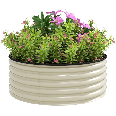 Outsunny Galvanised Raised Garden Bed with Safety Edging, Outdoor Raised Planter Box with Gloves and Open Bottom, Metal Raised Bed for Flowers, Vegetables and Herbs, 120 x 120 x 43cm, Cream White
