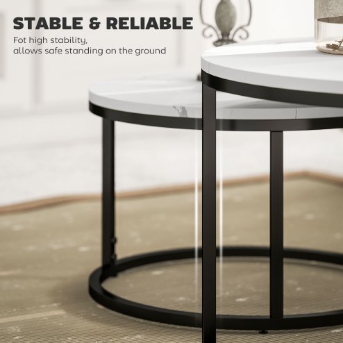 HOMCOM Round Nesting Coffee Table Set of 2, Large Stacking End Side Table with Steel Frame for Living Room, Bedroom, Home Office, 78.5 x 78.5 x 46.5 cm, Marble White