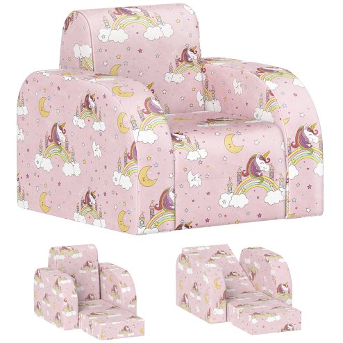 AIYAPLAY Kids Armchair, 2 in 1 Foldable Toddler Chair, Soft Snuggle Sponge Filled Recliner, for Bedroom Playroom Living Room, for Boys & Girls 18 Months to 3 Years - Pink