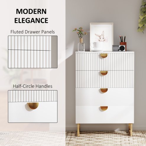 HOMCOM Bedroom Chest of Drawers with Gold Tone Handle, Modern Fluted 4-Drawer Dresser with Metal Legs for Living Room, Hallway, White