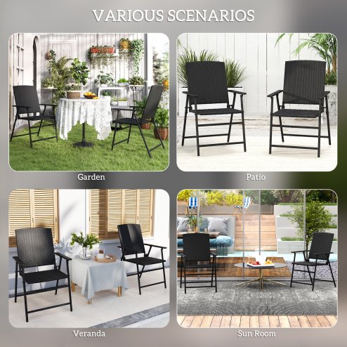 Outsunny Folding Garden Chairs Set of 2, PE Rattan Garden Dining Chairs with Armrests, High Back and Steel Frame, Weather Resistant Outdoor Dining Furniture for Patio, Balcony, Black